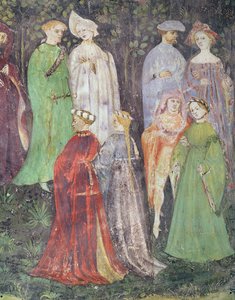 6月、歩く貴族と女性の詳細、1400年頃（フレスコ画） 作： Italian School