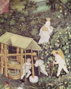 10月、ぶどうを絞るぶどう狩りの詳細、1400年頃（フレスコ画）