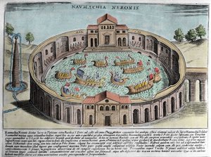 ローマでの海戦を描いた「ネロンのナウマチア」。エングレーヴィング（17世紀）。 作： Italian School