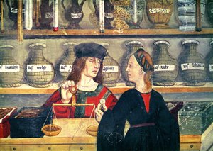 薬局、詳細、匿名の絵画、ヴァル ダオスタ、イソーニュ城 作： Italian School