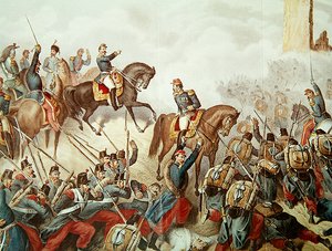 1859年のサンマルティーノの戦いでのピエモンテ人とフランス人（色の彫刻） 作： Italian School