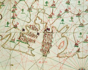 航海地図からのラバレッタ港、1646年（ベラム紙にインク）（330944からの詳細） 作： Italian School