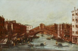 大運河からのリアルト橋（キャンバスに油彩） 作： Italian School
