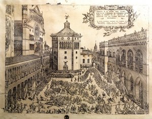 イタリアのクレモネ（クレモナ）の大広場にある牡牛座の祝宴。16世紀のクレモナのエングレービング、イタリア市民博物館 作： Italian School