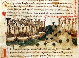ジェノバとヴェネツィアのキョッジア戦争の始まり。セルカンビの年代記。ルッカの国立アーカイブ。 作： Italian School
