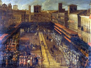 1634年2月25日、ナヴォーナ広場（ローマ）でのソバのジョウロ。 作： Italian School