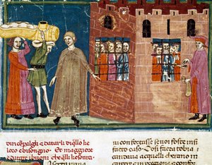囚人への食事の配給 フィレンツェ派のミニチュアは、Ser Zucchero Bencivenniによる「Pater noster」の拡張版（MS.II.VI 16）から取られたもので、14世紀初頭のフィレンツェ、国立図書館のもの。 作： Italian School