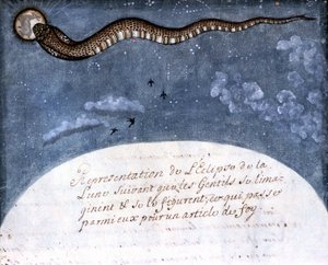 モゴール・インディアンが想像した月食（月を食い荒らす蛇） ページはStefano Nivibus Cardeiraの写本（ms.8300）"History of Mogol" (Moghul or Moghol)から引用。18世紀。ヴェネツィア、ビブロテカ・マルシアナ 作： Italian School
