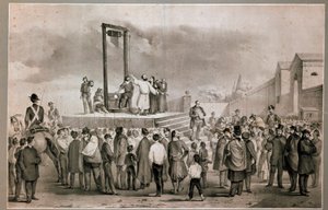 1858年3月13日、パリのロケット広場で1858年1月14日のナポレオン3世襲撃事件を実行したフェリーチェ・オルシーニ（1819 - 1858）とピエリの処刑 19世紀末のリトグラフ。ミラノ リソルジメント博物館 作： Italian School