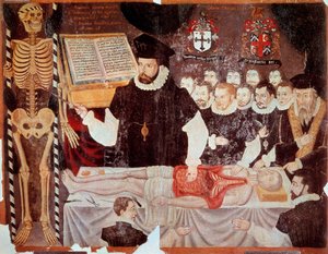ジョン・バニスター（1533-1610）が1548年に理髪師会館で行った解剖学の講義 Matteo Realdo Colombo（Renaldus Columbus）（1516-1559）による「De re anatonomica」のFrontispice画 1580年。Paris, B.N. - ジョン・バニスター（1533-1610）がアナトミーをしている様子。 作： Italian School