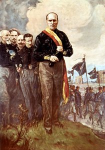 ローマへの行進：1922年10月28日、S.ガリンベルティの絵画（消失）の後、黒シャツに囲まれてローマに向かって歩くベニート・ムッソリーニ。 作： Italian School