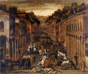 1630年のボローニャの疫病...ボローニャの銀行の財産を描く 作： Italian School