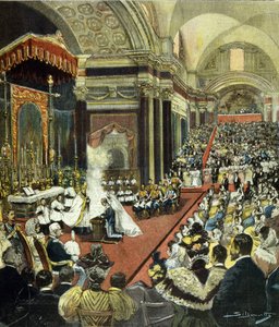 1896年にローマのサンタ・マリア・デッリ・アンジェリ教会で行われた、ヴィクトル・エマニュエル3世（Victor-Emmanuel）（Vittorio Emanuele）とモンテネグロのヘレネ王女となる者の宗教的結婚。 作： Italian School