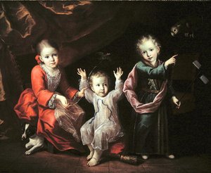 ペットに囲まれた室内の3人の子供たち』1680年頃（油彩・キャンバス） 作： Italian School