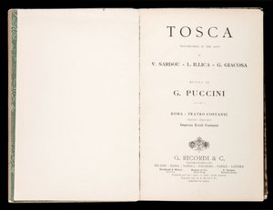 ジャコモ・プッチーニ作「トスカ」のLibretto（タイトルページ）、Edizione Ricordi、イタリア 作： Italian School