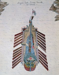 イタリアのクリストフォロ・カナル（1510-1562）の『海上民兵論』に出てくるトリリューム（3本のオールを持つ船）。