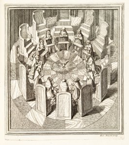聖霊を囲む円形のホールで祈りを捧げる12人のロタ判事たち、パブ。1717年（彫版 作： Italian School