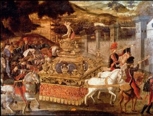 ルシウス・アエミリウス・パウルスまたはマケドニア人ポール・エミール (紀元前 230 ～ 160 年頃) のマケドニア王ペルセウスに対する勝利 行列と凱旋戦車の詳細。 15世紀のフィレンツェ派の絵画。 パリ、ジャックマール・アンドレ美術館 作： Italian School