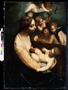「マドンナと子供と天使」（聖母子と天使） 17世紀初頭のイタリア絵画。 Mikhail Kroshitsky Art Museum、セヴァストポリ (セヴァストポリ) ウクライナ 作： Italian School