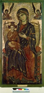 ""Madonna and Child on the Throne"" (Virgin and Child enthroned) イエス・キリストの後光は十字架でマークされています。 ピサのアーティストによる匿名の絵画。 木にテンペラ。 1280年頃 プーシキン美術館、モスクワ 作： Italian School