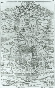 ヴェネツィア1606年に出版されたGiovanni Battista Ramusio（1485-1557）によるRelatione della Citta del Temistitanからのアステカの都市テノチティトランの北からの眺め 作： Italian School
