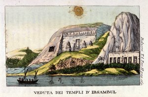 アブシンベル神殿の眺め。作者のジョバンニ・バッティスタ（Gianbattista）・ベルゾーニ（1778-1823）は、イタリアの探検家・考古学者で、エジプトで重要な考古学的発見をしている。エングレービング-ベルゾーニ著「Viaggio in Egitto e in Nubia」（ミラノ）所収 作： Italian School