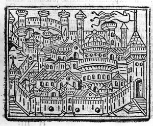イタリアのアオスタの街の風景。ヴェネツィア、フラ・ヤコポ・フィリッポ・フォレスティの「Supplemento alle cronache」に描かれた版画