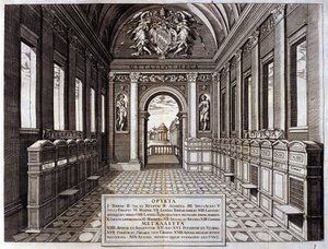 バチカン植物園の執事、ミケーレ・メルカーティ（1541-1595）の博物館の様子。"Metallotheca... "からのエングレーヴィング。ローマ 1717年～1719年