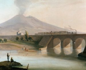 1844年に開通したナポリ地方のトッレ・アンヌンツィアータとノセラ間の鉄道路線の眺め、背景にはヴェスヴェが見える（View of railway line between Torre Annunziata and Nocera near Naples） - 19世紀の絵画 Museo Nazio 作： Italian School
