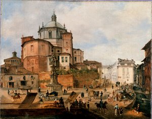 ヴェトラ広場とサン・ロレンツォ聖堂の後陣の眺め 匿名の絵画。19世紀末ミラノ、ミラノ博物館 作： Italian School