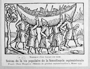 1555年にローマで出版されたオラウスマグナス（1490〜1558年）による北方民族の歴史からの、ロシアへのボートを運ぶバイキング 作： Italian School