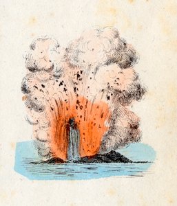 エオリア諸島の火山が噴火し、大量のガスと灰による爆発を伴う溶岩の噴出、リソグラフィ コルベッタ、ミラノ 作： Italian School