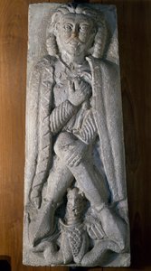 ドラゴンと一緒に座っている戦士、石の浅浮彫り、イタリア 作： Italian School