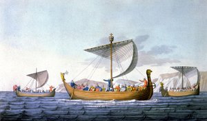 ウィリアム征服王と彼の海軍、イギリスに行く、「Le costume ancien ou moderne」のイラスト、J. Ferrario、ミラノ、1820年頃（カラー彫刻） 作： Italian School