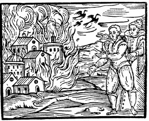魔女が家を火事で破壊した、1533年のシュヴァーベン、フランチェスコマリアグアッツォ作の大将マレフィカルムの挿絵、1608 作： Italian School