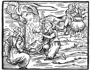 19世紀後半に出版された「歴史の魔法」で使用された、魔女の焙煎と沸騰する乳児、Mr Guaccius Fr M著、Completium Maleticarumからのイラストのコピー、ミラノ1608 作： Italian School