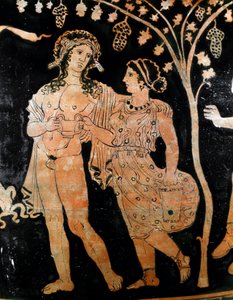 プーリア (プーリア) のルヴォの花瓶の詳細には、若い夫婦が描かれています。 彼らは手に一杯のワインを持っています。 紀元前4世紀。 ナポリ国立考古学博物館 作： Italic