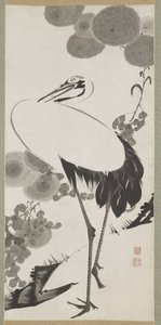 鶴、掛け軸、江戸時代（紙にインク） 作： Ito Jakuchu