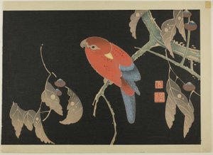 木の枝の上の赤いオウム 作： Ito Jakuchu