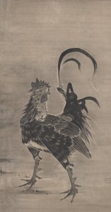雄鶏、雌鶏、および雛、ペアの左、1795 作： Ito Jakuchu