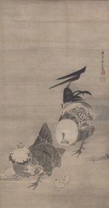 鶏、鶏、雛、ペアの右、1795 作： Ito Jakuchu