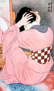 「髪を整える少女」または「アンダーサッシの女」、1921年頃。 作： Ito Shinsui