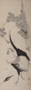 おんどりとぶどう、掛軸、江戸時代（紙に墨） 作： Ito attr. to Jakuchu