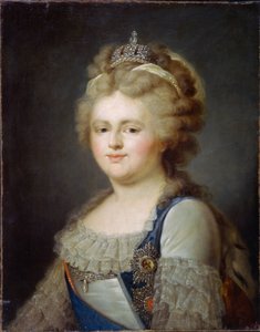 女帝マリー・フィオドロヴナの肖像 (旧姓ソフィー・ドロテ・ド・ヴュルテンベルク・モンベリアール) (1759-1828) (女帝マリア・フョードロヴナの肖像)。 Ivan Afanasievich Pustyin (1769 年 - 1812 年以降) による絵画、キャンバスに油彩、1796 年以降。 ロシア美術 作： Ivan Afanasievich Pustynin