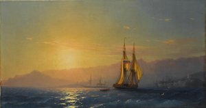 ロシア語：「海の夕日」Sunset at sea