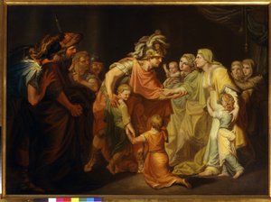 ロシアの王子スヴャトスラフ 1 世 (c. 945-972) は、967 年のドナウ川戦役の後、キエフで家族を見つけました。イヴァン アキモヴィッチ アキモフ (1754-1814) による絵画