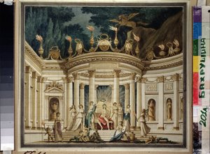 ル トリオンフ デ ミューズ。 アレクサンダー アリャビエフ (1787-1851) とアレクシス ヴェルストソフスキー (1799-1863) によるプロローグ ミュージカルのプロジェクト。 (ミューズの勝利。A.Alyabyev と A.Verstovsky による音楽プロローグのカーテン デザイン)。 インテリア・アンティクザント・アベック・アポロン、 作： Ivan Alekseevich Ivanov