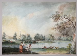 1800年代初頭、モスクワのアレクセイキリロヴィッチラズモフスキー伯爵のアーバンエステートの前の池 作： Ivan Alexeyevich Ivanov