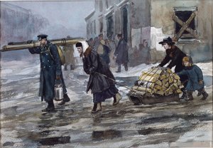 ウラジミロフ、イヴァン・アレクセイヴィッチ（1869-1947）による燃料を家に持ち帰るエンジニアの家族。 水彩, ガッシュ ・ 紙 作： Ivan Alexeyevich Vladimirov