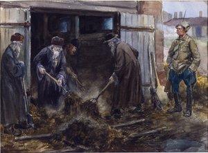 ウラジミロフ、イヴァン・アレクセイヴィッチ (1869-1947) によって、兵舎の厩舎を一掃することを余儀なくされたロシアの司祭のグループ。 水彩, ガッシュ ・ 紙 作： Ivan Alexeyevich Vladimirov